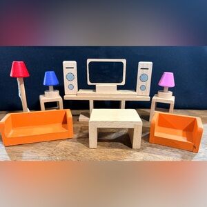 Wooden Miniature Dollhouse Living Room Set with Orange Sofas